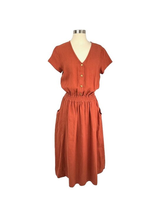 not PERFECT LINEN Dresses & Skirts - Not Perfect Linen Reine Waisted Linen Dress Womens M Orange Short Sleeve Pockets